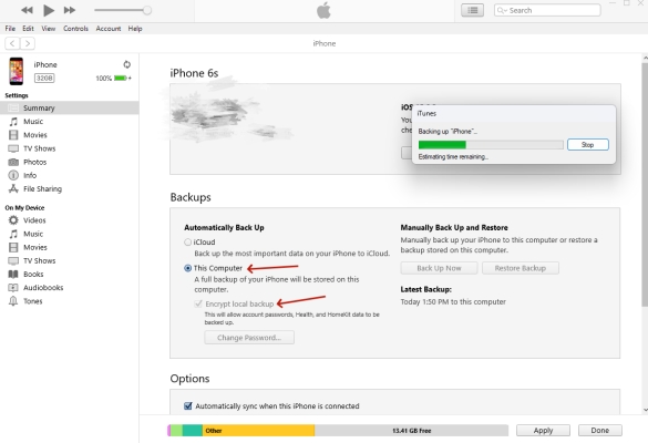 backup on computer via itunes