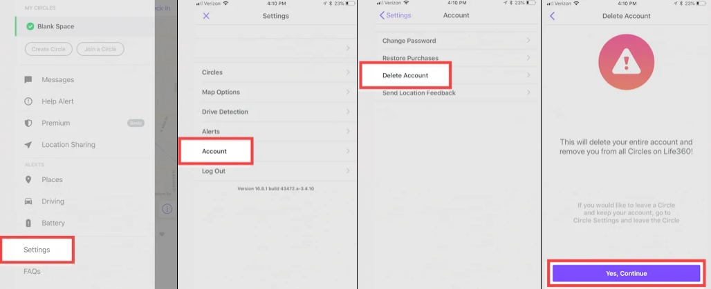 delete life360 account