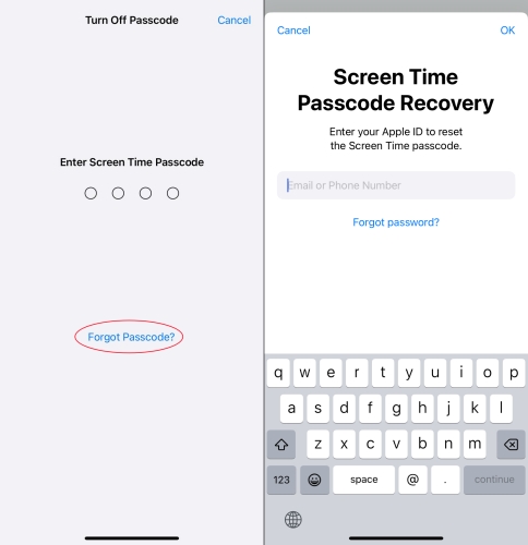disable forgotten screen time passcode on iphone