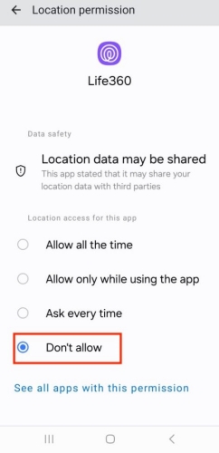 switch off location service for life360 on android