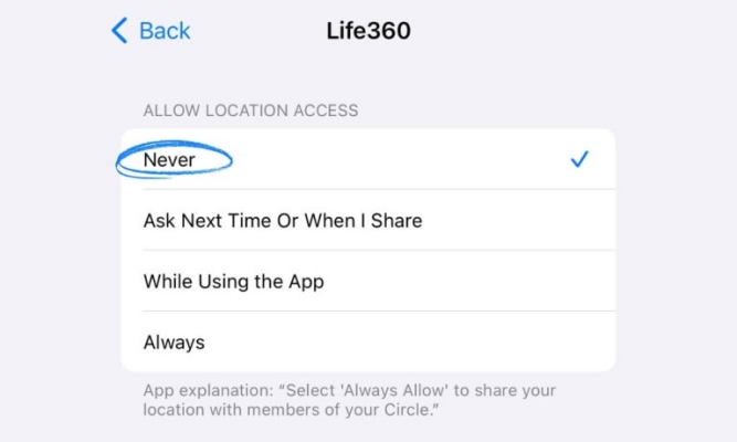 switch off location service for life360 on iphone