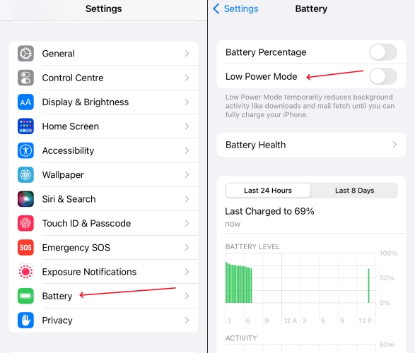 disable low power mode in settings