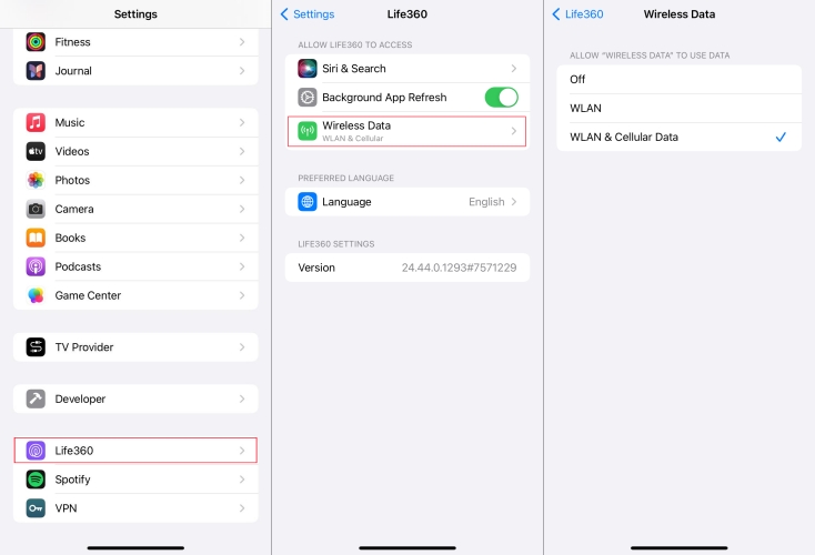 disable wifi or cellular for life360 on iphone