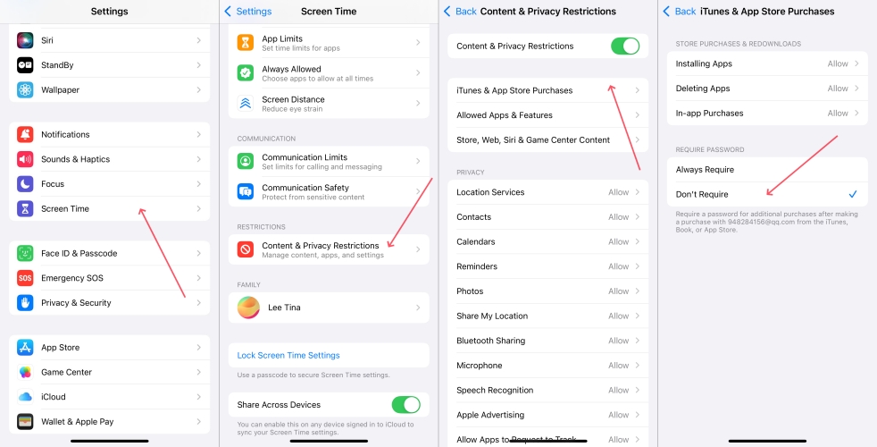 don't require password of itunes & app store purchase in screen time on iphone