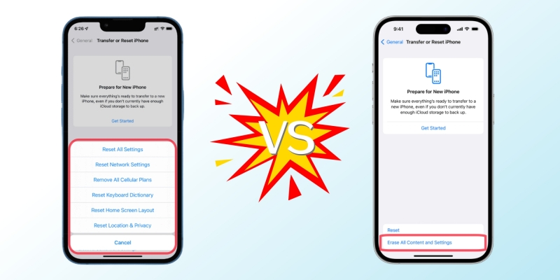 iphone reset vs erase all content and settings