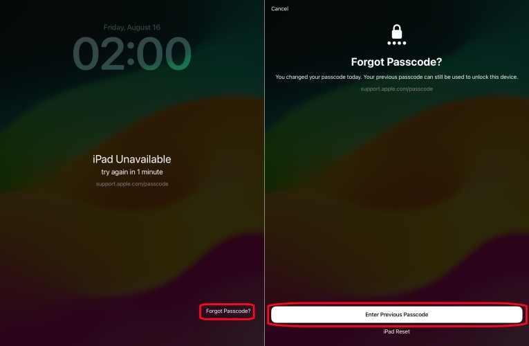 tap passcode reset on ipad unavailable