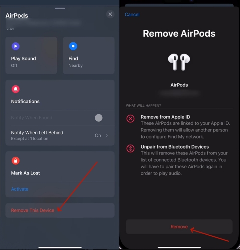 remove airpods from find my