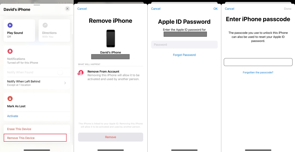 remove apple id in find my via new password