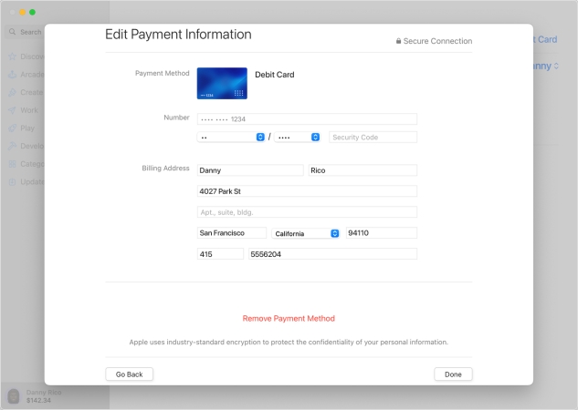 remove payment method on mac