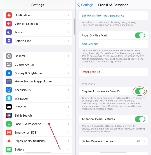 disable require attention for face id on iphone