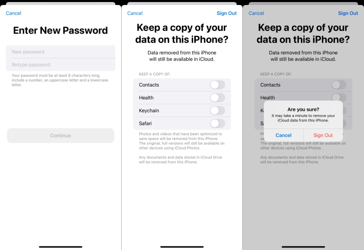 sign out apple id with new password on iphone