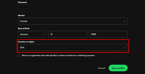 select country or region in spotify