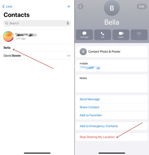 stop sharing location in contacts