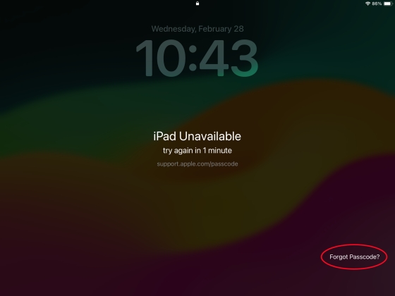 tap forgot passcode on ipad unavailable