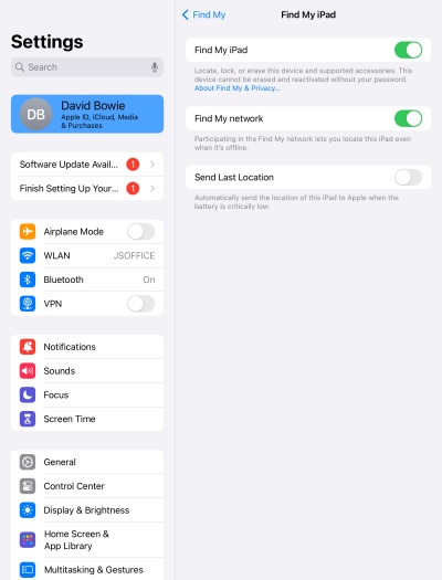 turn on find my ipad in settings