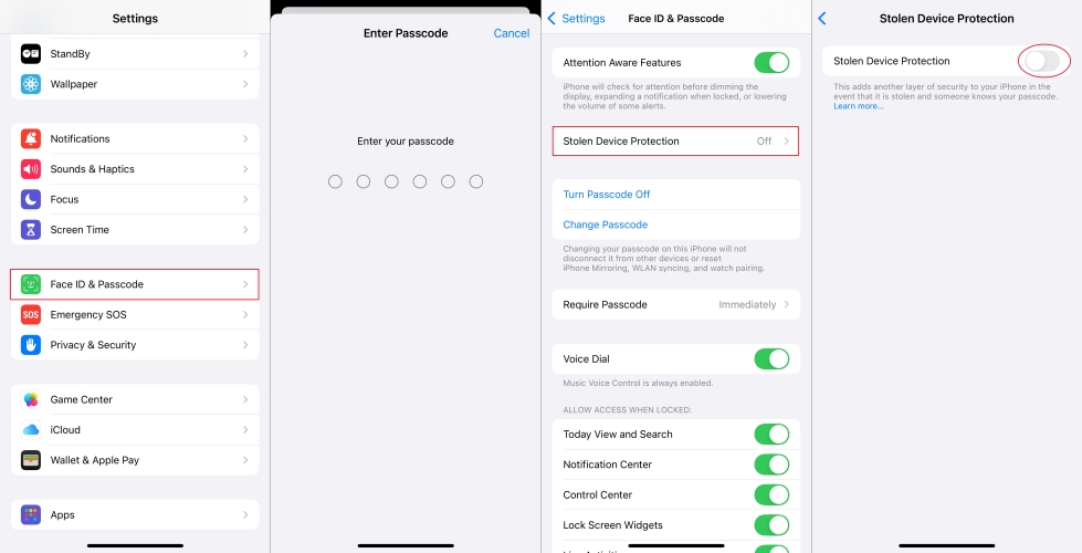 turn on stolen device protecftion on iphone