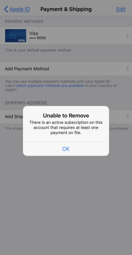 unable to remove payment method from iphone